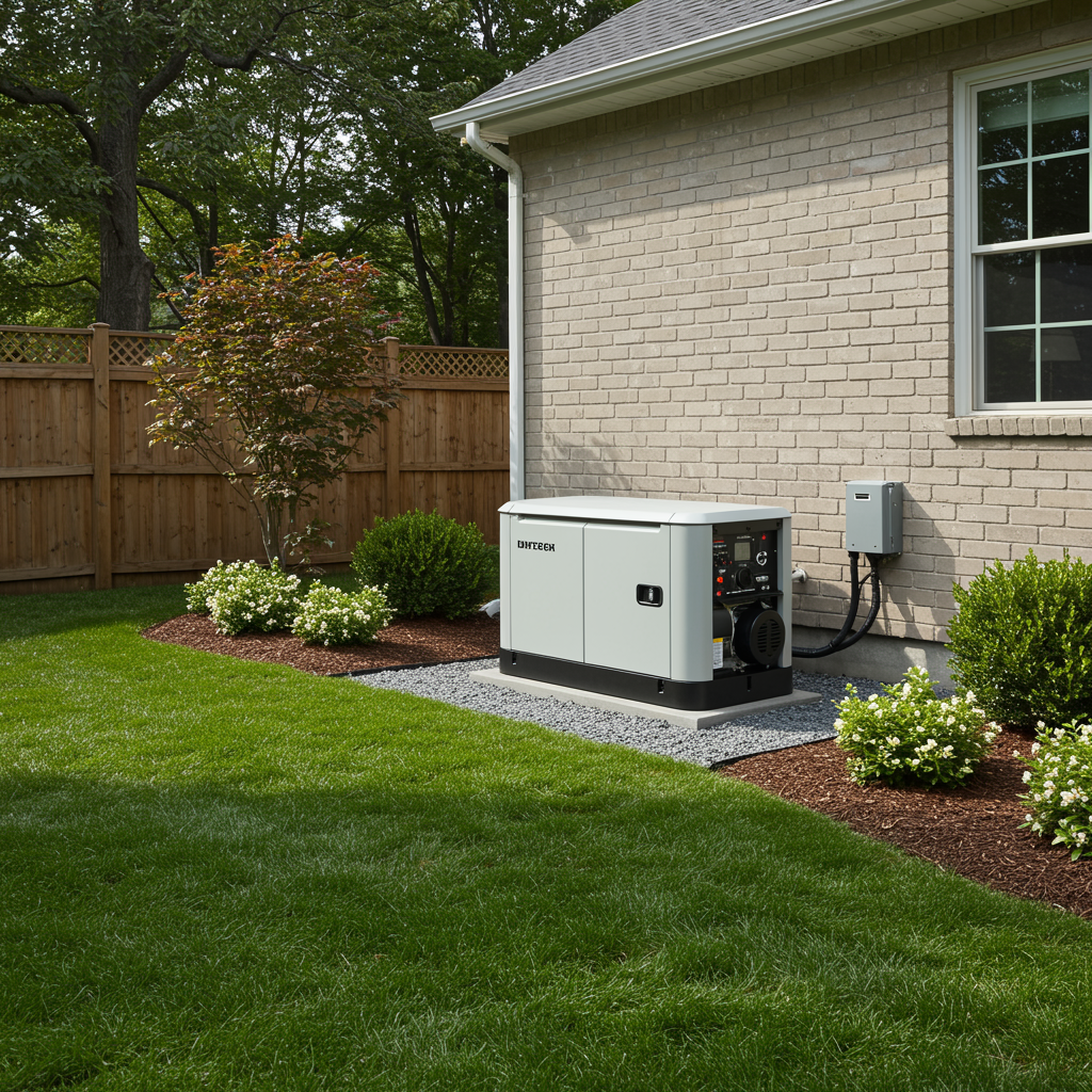Installed home generator placed beside a house in a neat backyard, showcasing completed generator installation by an electrician